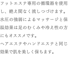 フットエステ専用の循環器を使用し、絶え間なく流しつづけます。水圧の強弱によるマッサージと保温効果は足のむくみや冷え性の方にもオススメです。ヘアエステやハンドエステと同じ効果で肌を美しく保ちます。